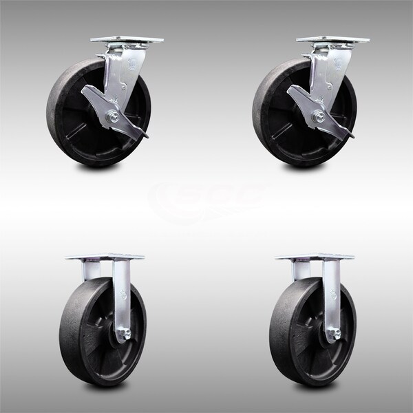 8 Inch SS Glass Filled Nylon Caster Set with Ball Bearings 2 Brakes 2 Rigid SCC